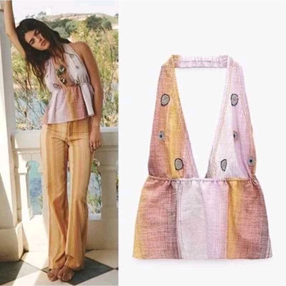 Zara Tan Pink Sleeveless Halter Plunging Beaded Embroidered Open Back Top Sz XL